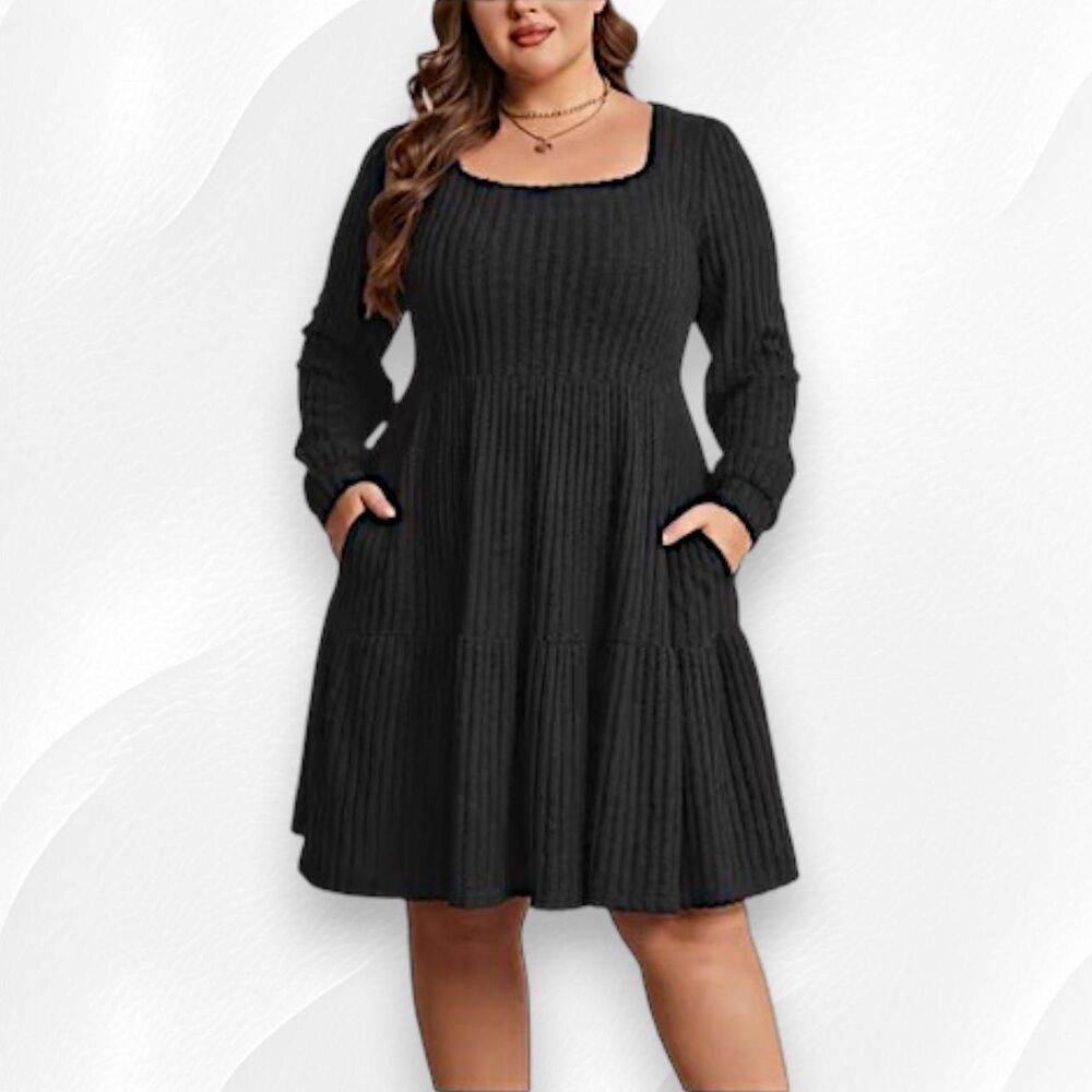 Cuteduck Black Ribbed Soft Square Neck Knit Dress XL